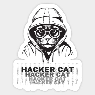 Hacker Cat. Hacker cat with hoodie and glasses, grayscale design Sticker